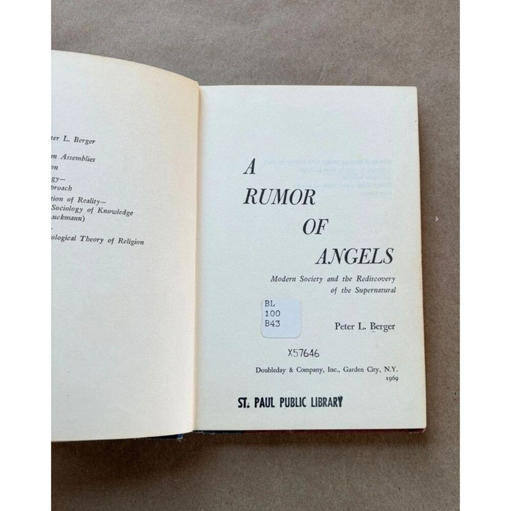 A Rumor of Angels Peter L Berger Modern Society Rediscovery Supernatural HC